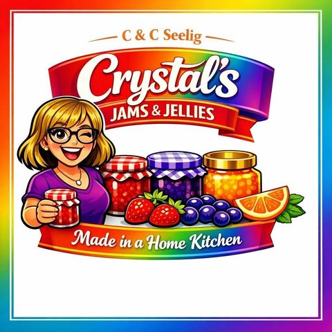 Crystal's Jams and Jellies by C & C Seelig logo, illustrated jars of jam with fresh berries, "Made in a Home Kitchen"